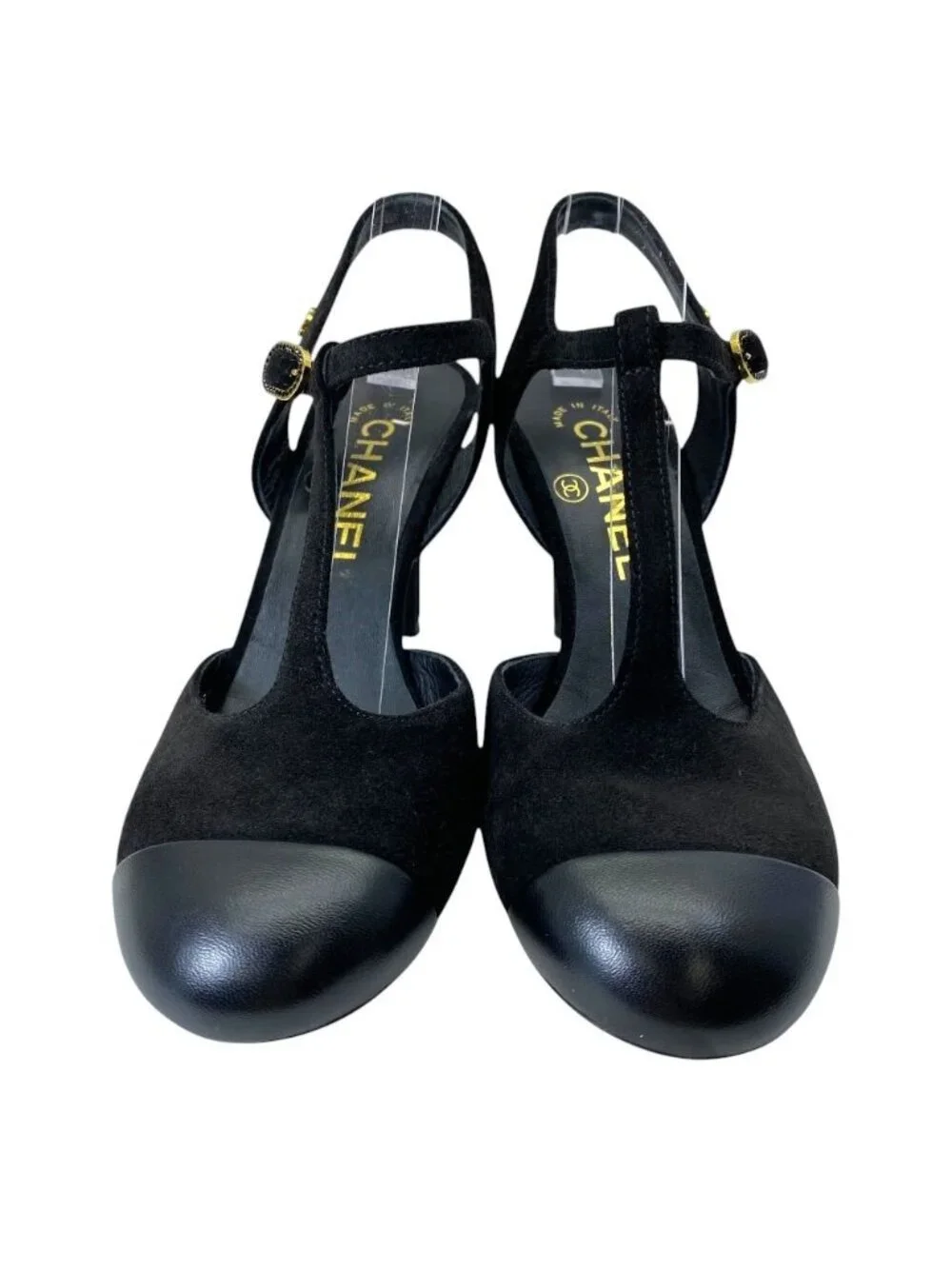 Chanel T Strap Pumps CC Logo Suede Leather Black Gold High Quality Daily